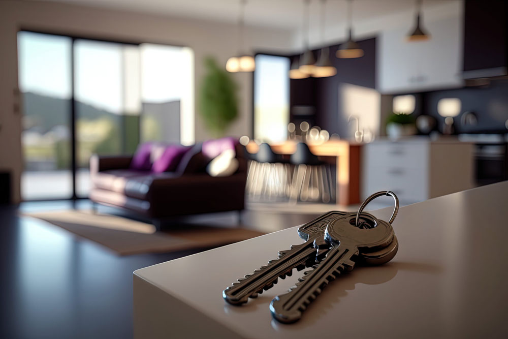 A pair of keys on a kitchen counter with a modern living room in the background.